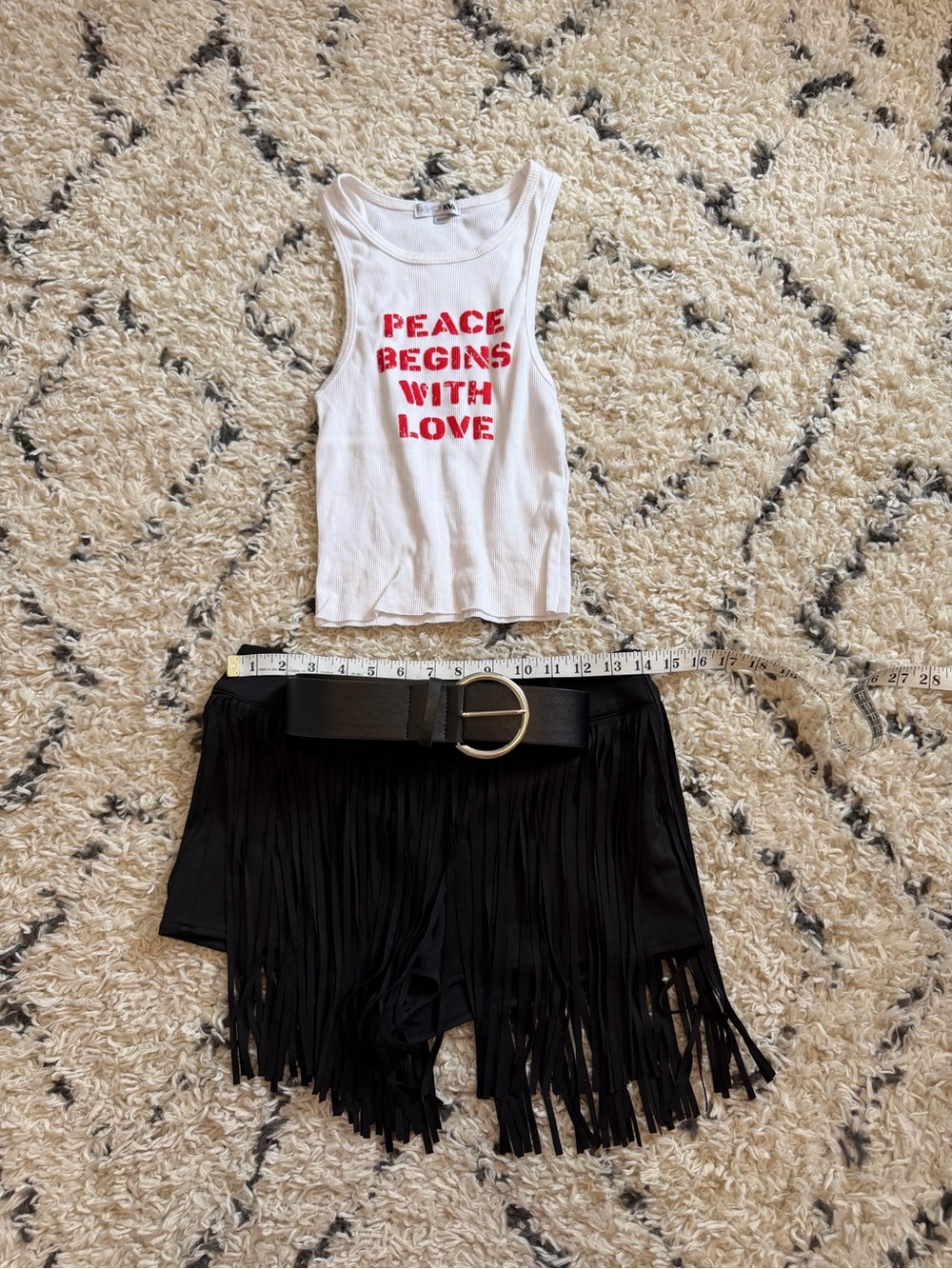 White Graphic Tank Top plus Black Fringe Shorts with Belt Size Woman S
